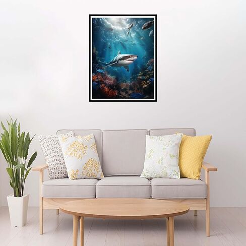 Cuneai DIY 5D Diamond Painting Shark, Paint with Diamonds Art Marine Life Crystal Embroidery Cross Stitch Round Drill by Number Kits for Home Wall Decoration Handicrafts 12x16 inch 27 in Kuwait