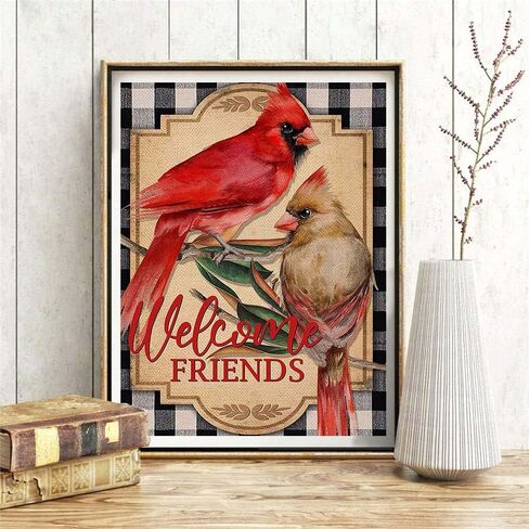 Xiyuekissu 5D Diamond Painting Kits for Adults -Welcome Friends Cardinal Summer Fall House Buffalo Plaid Check Red Bird Autumn Spring Full Dril Diamond Arts 12×16 Inches in Kuwait