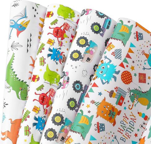Birthday Wrapping Paper for Boys, Girls, Kids - 4 Cute Design Includes Monster, Car, Dinosaur Gift Wrap Paper for Holiday, Party, Baby Shower - 10 Sheets Pack, 20 inch X 30 inch Per Sheet, Not Rolled in Kuwait