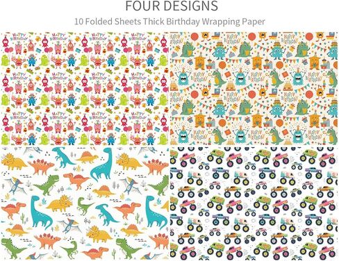 Birthday Wrapping Paper for Boys, Girls, Kids - 4 Cute Design Includes Monster, Car, Dinosaur Gift Wrap Paper for Holiday, Party, Baby Shower - 10 Sheets Pack, 20 inch X 30 inch Per Sheet, Not Rolled in Kuwait