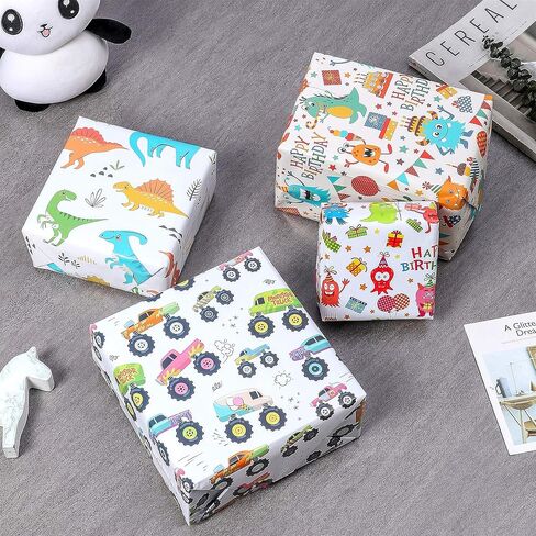 Birthday Wrapping Paper for Boys, Girls, Kids - 4 Cute Design Includes Monster, Car, Dinosaur Gift Wrap Paper for Holiday, Party, Baby Shower - 10 Sheets Pack, 20 inch X 30 inch Per Sheet, Not Rolled in Kuwait