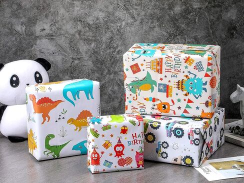 Birthday Wrapping Paper for Boys, Girls, Kids - 4 Cute Design Includes Monster, Car, Dinosaur Gift Wrap Paper for Holiday, Party, Baby Shower - 10 Sheets Pack, 20 inch X 30 inch Per Sheet, Not Rolled in Kuwait