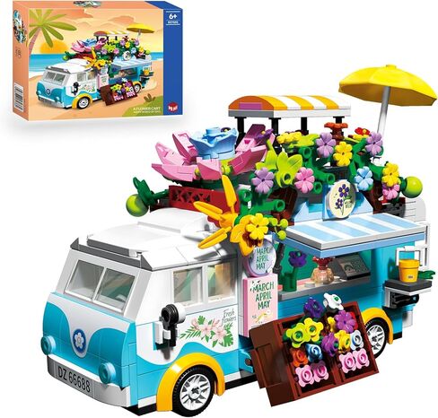 SATHIBI City Flower Vehicles Building Toy Set, Creative Mobile Flower Cart Shop Building Bricks Kits with LED Light, Model Collectible Van Gifts for Boys Girls Ages 6+ (621pcs) in Kuwait
