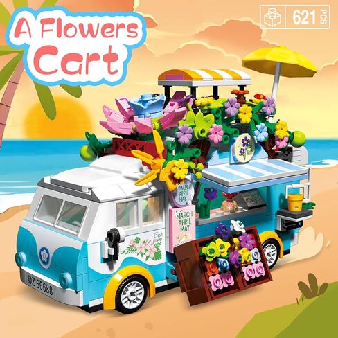 SATHIBI City Flower Vehicles Building Toy Set, Creative Mobile Flower Cart Shop Building Bricks Kits with LED Light, Model Collectible Van Gifts for Boys Girls Ages 6+ (621pcs) in Kuwait