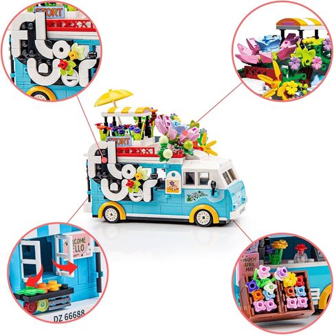 SATHIBI City Flower Vehicles Building Toy Set, Creative Mobile Flower Cart Shop Building Bricks Kits with LED Light, Model Collectible Van Gifts for Boys Girls Ages 6+ (621pcs) in Kuwait