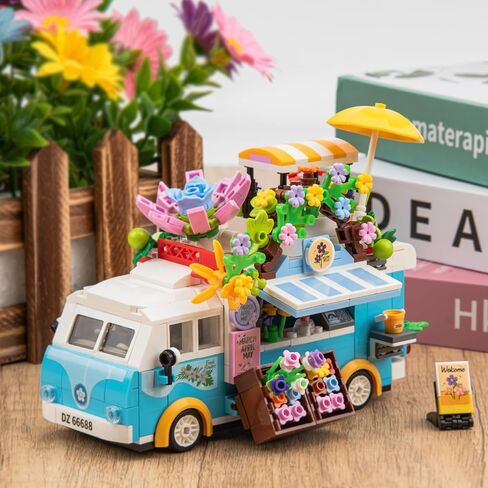 SATHIBI City Flower Vehicles Building Toy Set, Creative Mobile Flower Cart Shop Building Bricks Kits with LED Light, Model Collectible Van Gifts for Boys Girls Ages 6+ (621pcs) in Kuwait