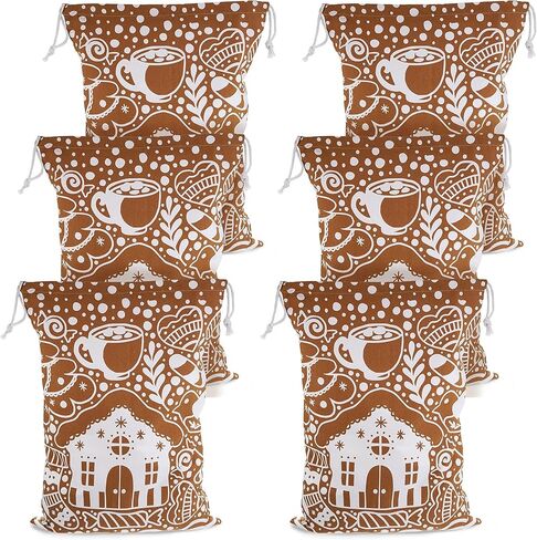 حقيبة هدايا قماشية قابلة لإعادة الاستخدام من MBGBrybelly مكونة من 6 قطع مقاس XL، تصميم بسكويت الزنجبيل - كيس تخزين فاخر من القماش برباط - كبير جدًا مقاس 26 بوصة × 19 بوصة بديل لتغليف العطلات in Kuwait