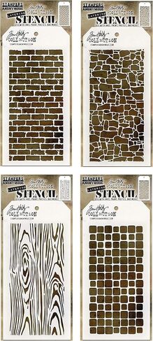 4 Tim Holtz Mixed Media Layered Stencils Set | Brick, Wall, Wood Grain, Stone Pattern | Templates for Arts, Card Making, Journaling, Scrapbooking | by Stampers Anonymous in Saudi Arabia