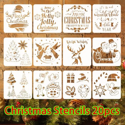 Christmas Stencils Reusable 20pcs Stencils for Crafts Reusable Xmas Templates(5.1 * 5.1inch) for Painting on Wood Slices Holiday Cards Scrapbooks Ornaments Canvas Windows DIY Art in Kuwait