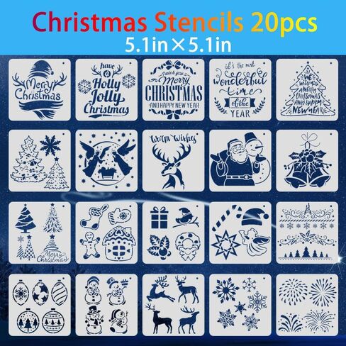 Christmas Stencils Reusable 20pcs Stencils for Crafts Reusable Xmas Templates(5.1 * 5.1inch) for Painting on Wood Slices Holiday Cards Scrapbooks Ornaments Canvas Windows DIY Art in Kuwait