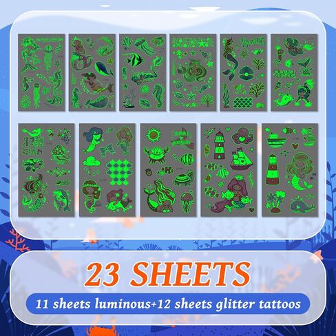 EMOME 220+ أنماط متوهجة + وشم لامع لديكورات عيد ميلاد حورية البحر، وشم الأطفال المؤقت للفتيات حورية البحر تفضل لوازم الحفلات، ديكورات الحفلات تحت عنوان المحيط لملحقات ألعاب حورية البحر in Kuwait