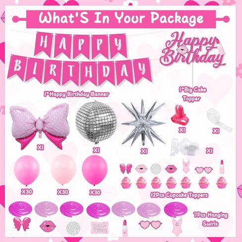 زينة عيد ميلاد الاميرة الزهرية، ديكور حفلات اعياد ميلاد الفتيات بلون زهري فاقع، قوس بالون ديسكو احمر وردي، لافتة عيد ميلاد سعيد، دوامات معلقة، زينة كيك لموضوع الاميرة in Kuwait