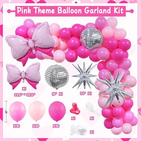 زينة عيد ميلاد الاميرة الزهرية، ديكور حفلات اعياد ميلاد الفتيات بلون زهري فاقع، قوس بالون ديسكو احمر وردي، لافتة عيد ميلاد سعيد، دوامات معلقة، زينة كيك لموضوع الاميرة in Kuwait