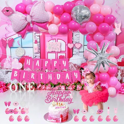 زينة عيد ميلاد الاميرة الزهرية، ديكور حفلات اعياد ميلاد الفتيات بلون زهري فاقع، قوس بالون ديسكو احمر وردي، لافتة عيد ميلاد سعيد، دوامات معلقة، زينة كيك لموضوع الاميرة in Kuwait