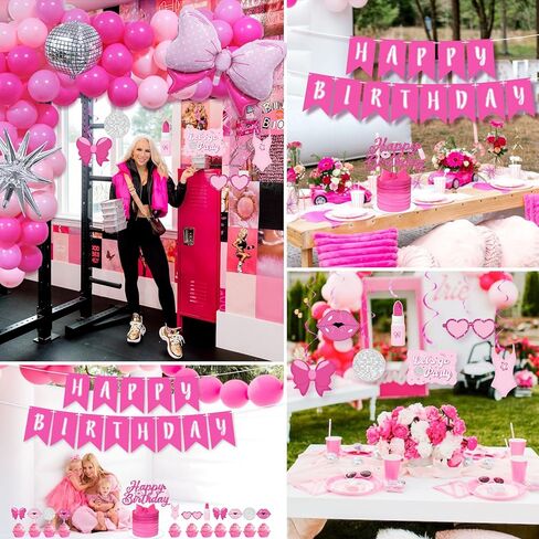 زينة عيد ميلاد الاميرة الزهرية، ديكور حفلات اعياد ميلاد الفتيات بلون زهري فاقع، قوس بالون ديسكو احمر وردي، لافتة عيد ميلاد سعيد، دوامات معلقة، زينة كيك لموضوع الاميرة in Kuwait