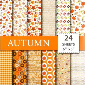 PUIKSXER Fall Scrapbook Paper 6 x 6'', 24 Sheets Thanksgiving Day Pattern Paper Pack Single-Sided Pumpkin Maple Leaves Decorative Craft Paper for Card Making Junk Journal Party Decor in Kuwait