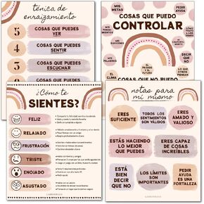LARKINROAD 4 Spanish Classroom Decorations Poster Set (11 x 14in Unframed) Spanish Learning For Kids Wall Art Spanish Mental Health Posters Motivational Wall Decor Spanish Calm Corner