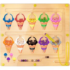 Ice Cream Magnetic Color and Number Maze, Montessori Color Sorting Puzzles Game for Kid, Counting Matching Board Toys, Learning Motor Skill Toy Gift for Boys Girls Toddlers Preschool 3 4 5 Years