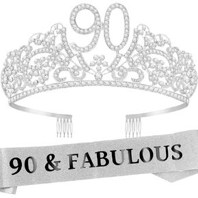 مجموعة وشاح وتاج عيد الميلاد التسعين للنساء - وشاح لامع رائع مع الزهور وأحجار الراين - تاج معدني - هدية مثالية لعيد الميلاد التسعين لها، ملكة الحفلة! in Kuwait