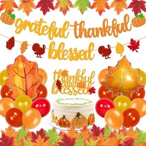 Grateful Thankful Blessed Banner Thanksgiving Cake Topper Thanksgiving Day Decorations Fall Maple Leaves Autumn Balloons Thanksgiving Party Glitter Gold Decorations in Saudi Arabia