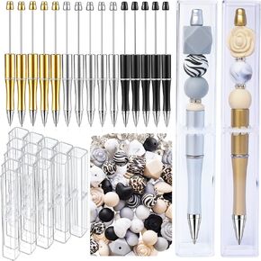 مجموعة أقلام قابلة للخرز مع خرز من السيليكون للأقلام، أقلام مطرزة، أقلام حبر جاف سوداء لطيفة مع خرز متعدد الألوان للحرف اليدوية، مجموعة من 10 أقلام و10 عبوات أقلام (أسود10) in Kuwait