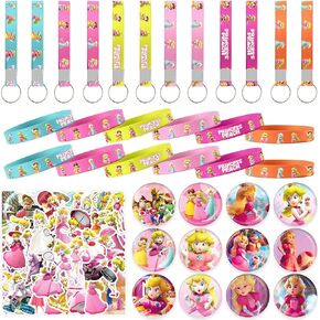 WOOACME Princess Peach Birthday Party Supplies, Princess Peach Party Favors Include 12 Bracelets, 12 Button Pins, 12 Key Chains, 50 Stickers, Princess Peach Theme Party Favors for Girls in Kuwait