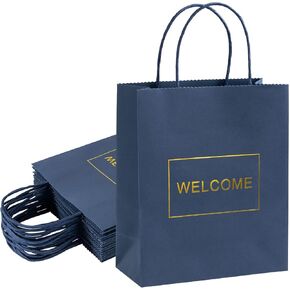 حقائب ترحيب باللون الأزرق الداكن من Dasofine 20 قطعة، حقائب ترحيب للزفاف، أكياس ورق كرافت بمقبض 7.9 بوصة × 3.7 بوصة × 9.4 بوصة، حقائب هدايا متوسطة للبيع بالتجزئة، وحفلات الزفاف، والحفلات، وحفلات استقبال الأطفال، والتسوق in Kuwait