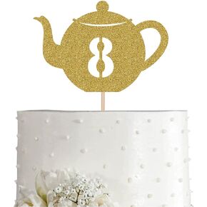 Teapot 8 Cake Topper, Gold Glitter Tea 8th Birthday Party Decoration, Supply