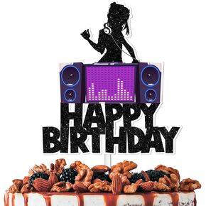 أسود لامع صوت DJ عيد ميلاد سعيد كعكة توبر يهتف لموسيقى الروك آند رول موضوع الديكور لوازم الرجال النساء الفتيان الفتيات زينة حفلة عيد ميلاد