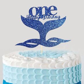 غطاء كعكة واحد لعيد الميلاد الأول من يسوال - غطاء كعكة علوية بتصميم حورية البحر الصغيرة باللون الأزرق اللامع لعيد الميلاد المجيد للفتيات ديكورات حفلات عيد الميلاد الأولى ، دعائم كشك الصور in Kuwait