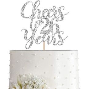 26 Silver Glitter Happy 26th Birthday Cake Topper, Cheers to 26 Years Party Decorations, Supplies, cake topper