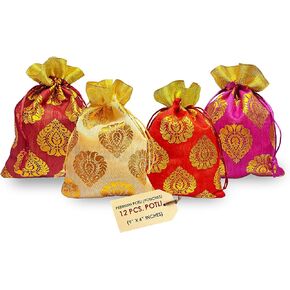 Craftsman 6 Pc Big Size (9x6) Designer Potli Organza Pouch Favour Bags Dry Fruit Large Reusable Christmas Diwali Gift Bags Fabric Multicolor Design Bags Indian Housewarming Return Gift Items Bulk