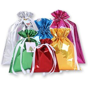 6 Drawstring Goodie Bags, Christmas Party Favor Bags, Present Wrapping Laser Bag, Holiday Treats Bags with Ribbon Ties and Tags in 4 Sizes, for Families Friends Kids in All Occasion of Celebration in Kuwait