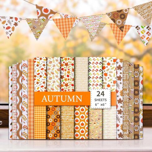 PUIKSXER الخريف ورق القصاصات 6 × 6 ''، 24 ورقة عيد الشكر نمط ورقة حزمة من جانب واحد اليقطين القيقب يترك ورقة الحرف الزخرفية لصنع بطاقة غير المرغوب فيه مجلة ديكور الحزب in Kuwait