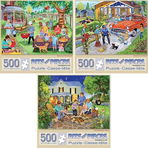 Bits and Pieces-Value Set of Three(3) 500 Piece Jigsaw Puzzles for Adults-Each Puzzle Measures 18" X 24"-500pc Backyard Barbeque, Family Car Wash, and Marshmallow Roast Jigsaws by Artist Sandy Rusinko in Saudi Arabia
