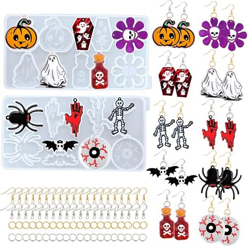 ريفاندا 82 قطعة من قوالب راتنج الهالوين مع فتحة، 10 ازواج من قوالب الايبوكسي السيليكون للهالوين مع 40 خطاف اقراط هالوين اليقطين الخفافيش العنكبوت سلسلة المفاتيح قالب الراتنج in Kuwait