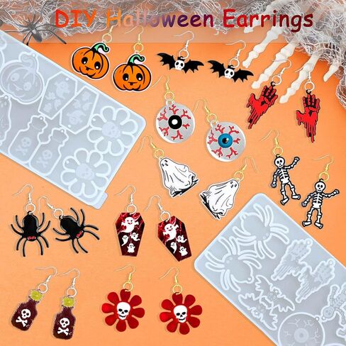 ريفاندا 82 قطعة من قوالب راتنج الهالوين مع فتحة، 10 ازواج من قوالب الايبوكسي السيليكون للهالوين مع 40 خطاف اقراط هالوين اليقطين الخفافيش العنكبوت سلسلة المفاتيح قالب الراتنج in Kuwait