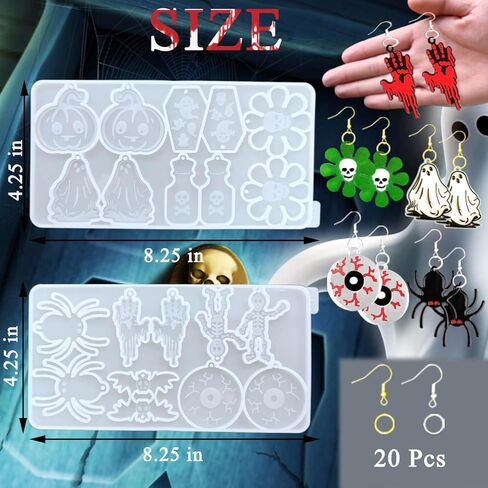 ريفاندا 82 قطعة من قوالب راتنج الهالوين مع فتحة، 10 ازواج من قوالب الايبوكسي السيليكون للهالوين مع 40 خطاف اقراط هالوين اليقطين الخفافيش العنكبوت سلسلة المفاتيح قالب الراتنج in Kuwait