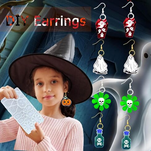 ريفاندا 82 قطعة من قوالب راتنج الهالوين مع فتحة، 10 ازواج من قوالب الايبوكسي السيليكون للهالوين مع 40 خطاف اقراط هالوين اليقطين الخفافيش العنكبوت سلسلة المفاتيح قالب الراتنج in Kuwait