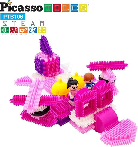 PicassoTiles PTB106 106pcs Hedgehog Lock Building Blocks Tiles Pink Castle Theme Set w/Human Figures Learning Playset STEM Toy Set Educational Kit Child Brain Development Preschool Kindergarten Toy in Kuwait