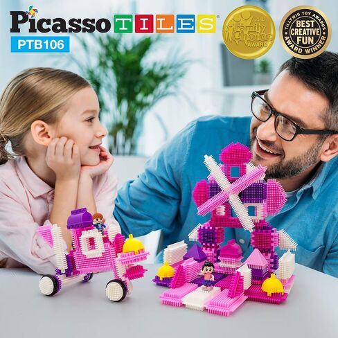 PicassoTiles PTB106 106pcs Hedgehog Lock Building Blocks Tiles Pink Castle Theme Set w/Human Figures Learning Playset STEM Toy Set Educational Kit Child Brain Development Preschool Kindergarten Toy in Kuwait
