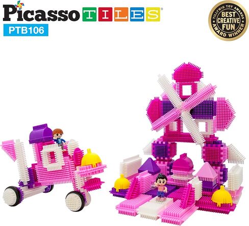 PicassoTiles PTB106 106pcs Hedgehog Lock Building Blocks Tiles Pink Castle Theme Set w/Human Figures Learning Playset STEM Toy Set Educational Kit Child Brain Development Preschool Kindergarten Toy in Kuwait