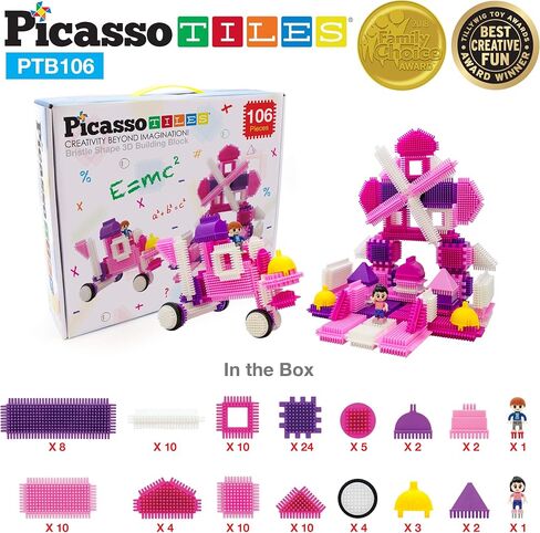 PicassoTiles PTB106 106pcs Hedgehog Lock Building Blocks Tiles Pink Castle Theme Set w/Human Figures Learning Playset STEM Toy Set Educational Kit Child Brain Development Preschool Kindergarten Toy in Kuwait