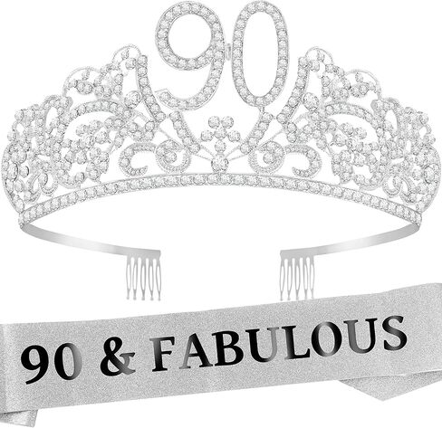 مجموعة وشاح وتاج عيد الميلاد التسعين للنساء - وشاح لامع رائع مع الزهور وأحجار الراين - تاج معدني - هدية مثالية لعيد الميلاد التسعين لها، ملكة الحفلة! in Kuwait