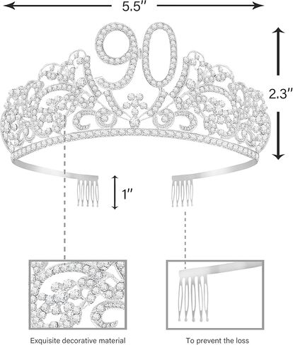 مجموعة وشاح وتاج عيد الميلاد التسعين للنساء - وشاح لامع رائع مع الزهور وأحجار الراين - تاج معدني - هدية مثالية لعيد الميلاد التسعين لها، ملكة الحفلة! in Kuwait
