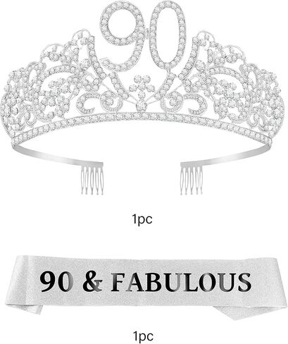 مجموعة وشاح وتاج عيد الميلاد التسعين للنساء - وشاح لامع رائع مع الزهور وأحجار الراين - تاج معدني - هدية مثالية لعيد الميلاد التسعين لها، ملكة الحفلة! in Kuwait