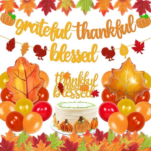 Grateful Thankful Blessed Banner Thanksgiving Cake Topper Thanksgiving Day Decorations Fall Maple Leaves Autumn Balloons Thanksgiving Party Glitter Gold Decorations in Saudi Arabia