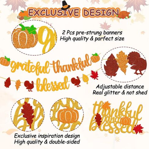 Grateful Thankful Blessed Banner Thanksgiving Cake Topper Thanksgiving Day Decorations Fall Maple Leaves Autumn Balloons Thanksgiving Party Glitter Gold Decorations in Saudi Arabia