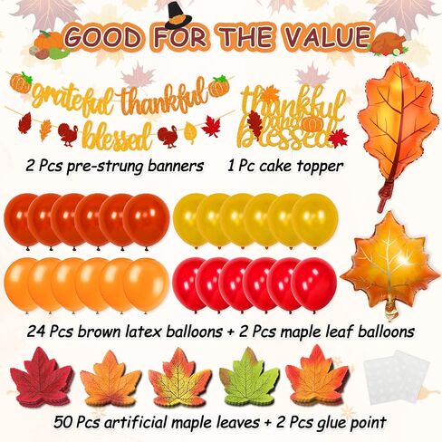 Grateful Thankful Blessed Banner Thanksgiving Cake Topper Thanksgiving Day Decorations Fall Maple Leaves Autumn Balloons Thanksgiving Party Glitter Gold Decorations in Saudi Arabia