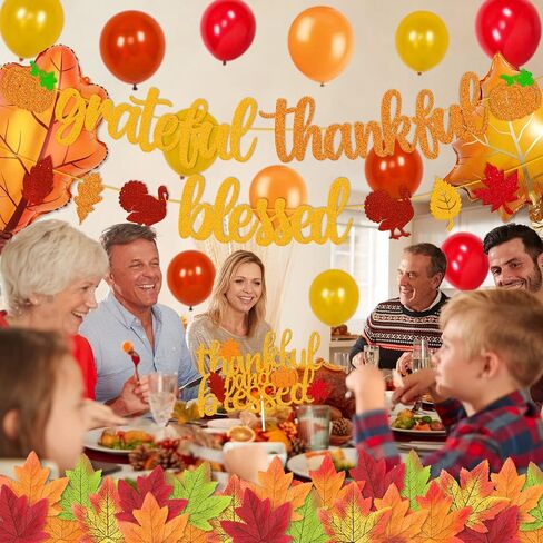 Grateful Thankful Blessed Banner Thanksgiving Cake Topper Thanksgiving Day Decorations Fall Maple Leaves Autumn Balloons Thanksgiving Party Glitter Gold Decorations in Saudi Arabia